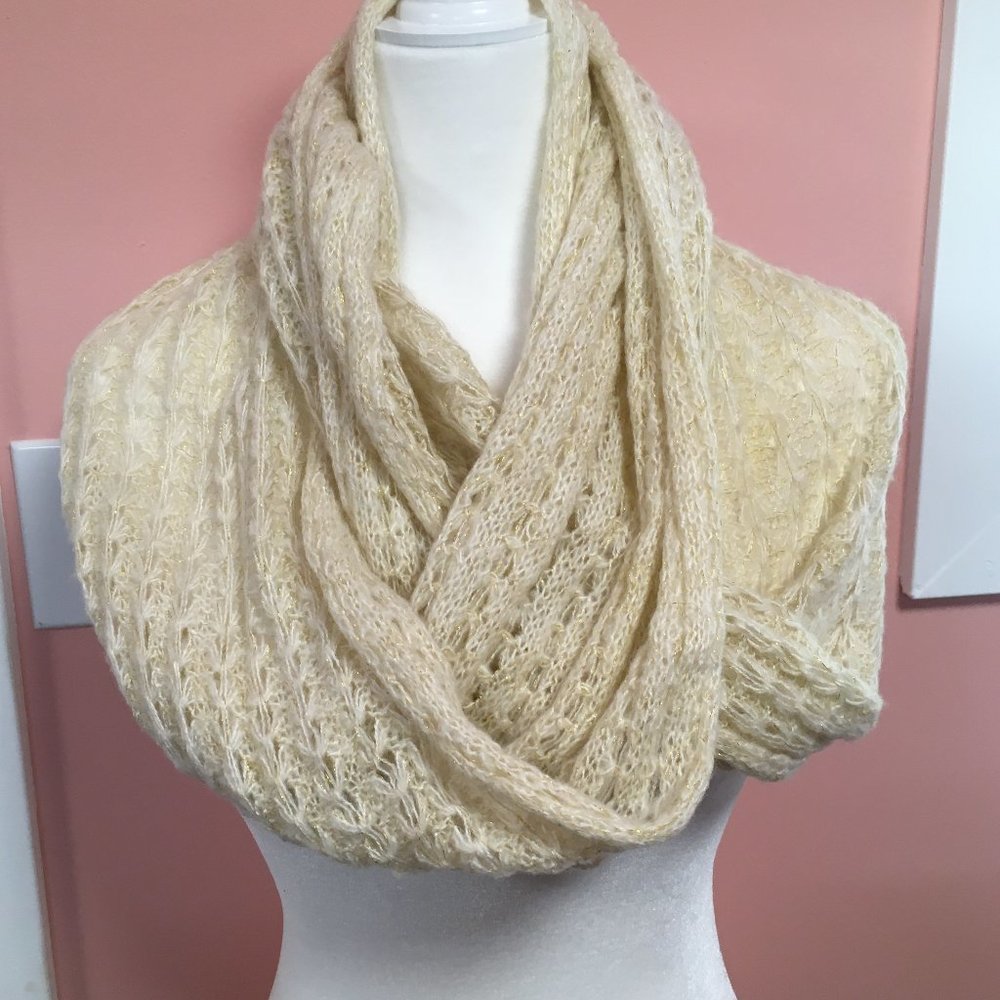 Cream with Gold Metallic Threads Knit Infinity Scarf